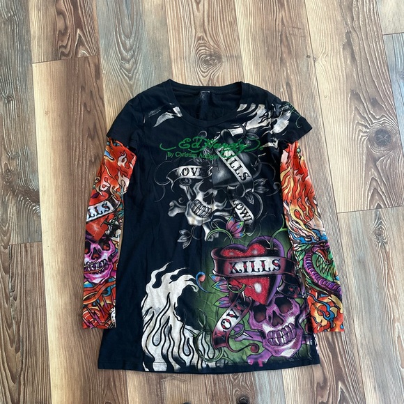 Ed Hardy Tops - Vintage Y2K Ed Hardy Skull Love Kills Slowly Mesh Tattoo Sleeve Shirt Large